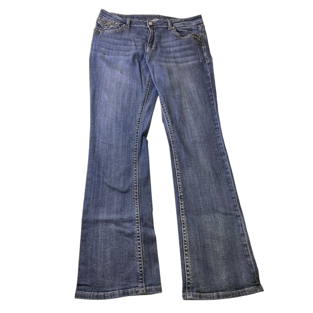 Grace in LA Bootcut Flare Jeans Embellished Pockets Dark Wash Denim Size 34 FLAW